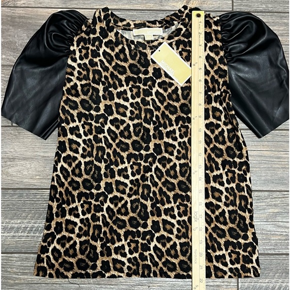 NWT Michael Kors Leopard Print Vegan Faux Leather Sleeve Top Shirt P/S Small - Picture 4 of 14